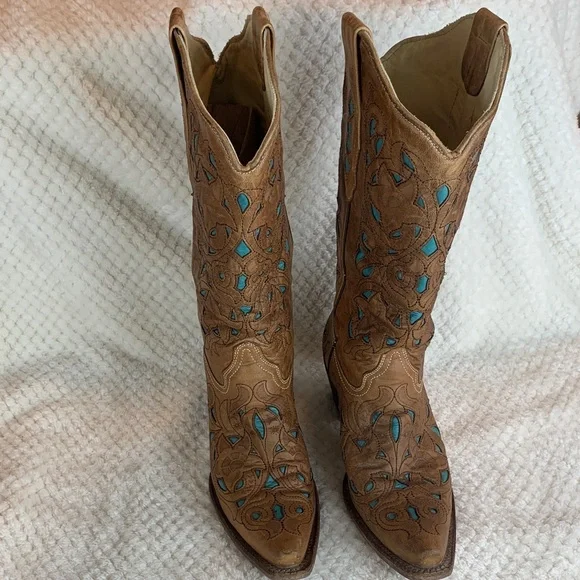 Corral cowgirl boots sz 8 tan and turquoise western country coastal *flaw - Picture 1 of 6